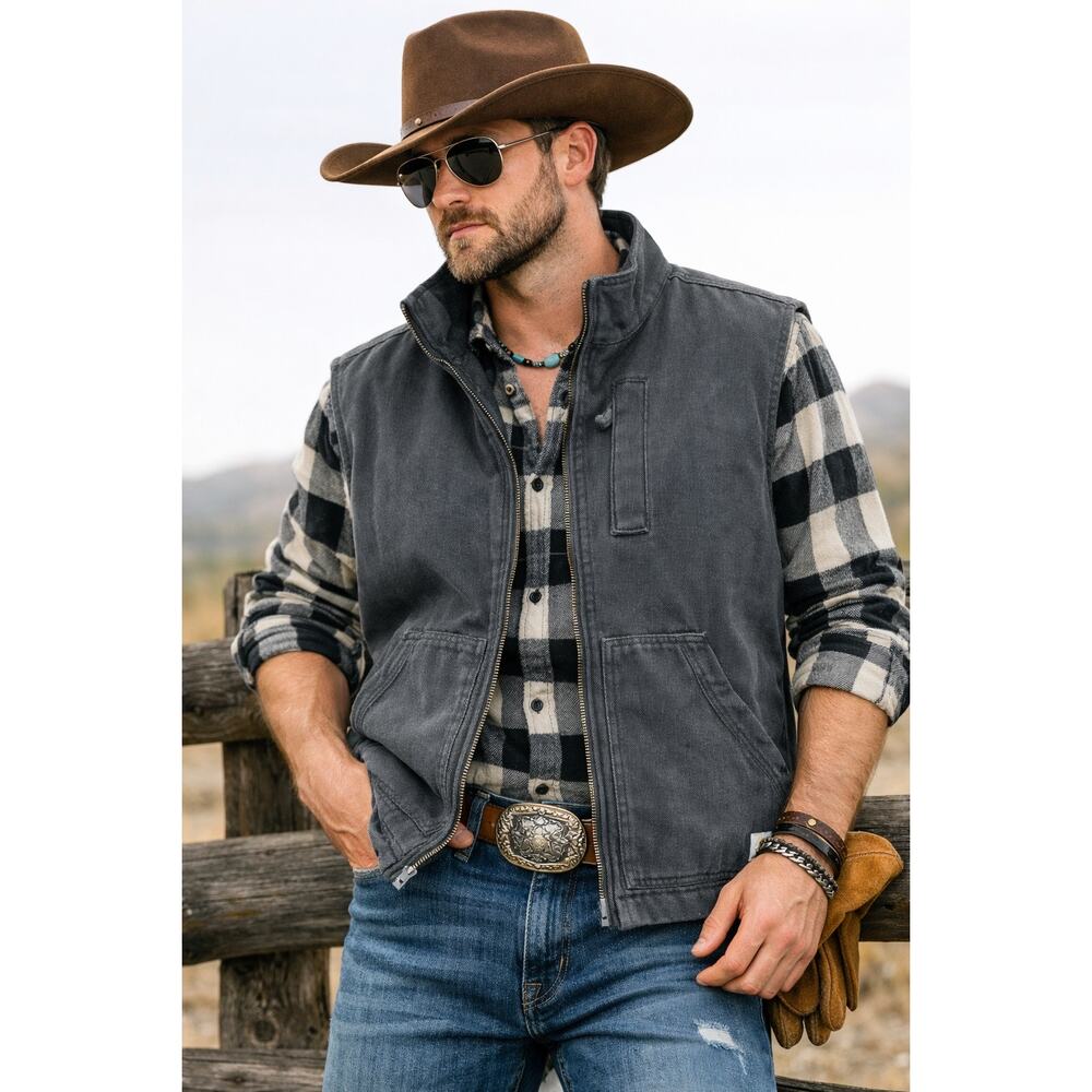 Ocean Coast Gray Western Ranch Chore Vest Large‎ Workwear Utility Full Zip Lined